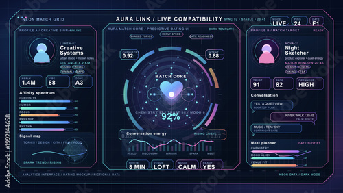Futuristic dating compatibility dashboard interface with neon profile panels, heart-centered analytics, chat prompts, and dark HUD charts.