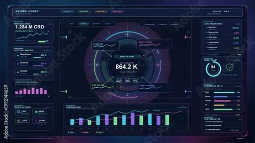 Futuristic banking HUD dashboard with circular wealth core, neon finance panels, transfer metrics, and portfolio analytics on dark background