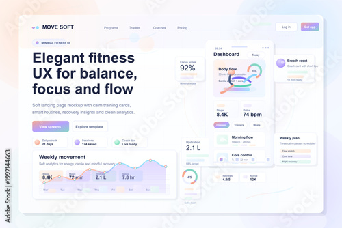 Minimal fitness app landing page and wellness dashboard UI with pastel analytics cards, mobile screen mockups, and clean web layout design.