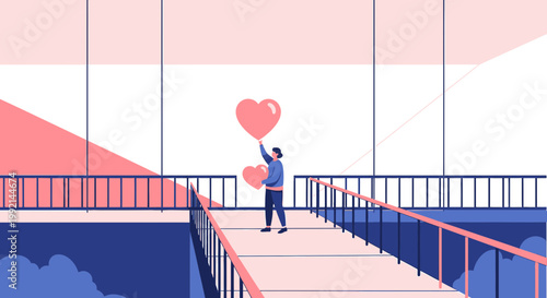 Man holding heart balloons on a bridge, symbolizing love, hope, and connection