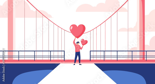 Man Holding Heart Balloons on Bridge, Love and Romance Concept