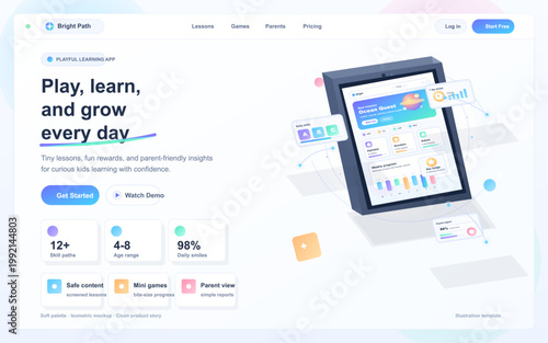 Isometric kids learning app landing page with tablet interface, lesson cards, progress widgets, parent insights, and pastel education blocks.