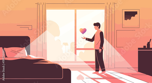 Man Holding Heart in Sunrise Bedroom, Love, Hope, New Beginnings Concept