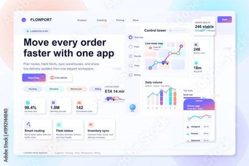 Logistics landing page dashboard with route map, fleet tracking panels, delivery metrics, and driver mobile app in soft pastel UI layout