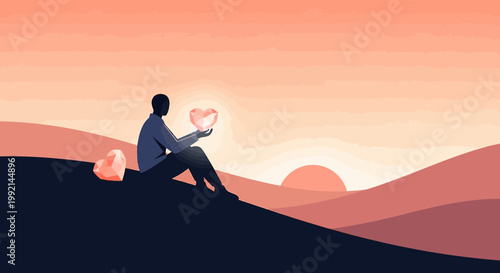 Man Holding Heart Silhouette at Sunset, Love, Hope, and Solitude Concept
