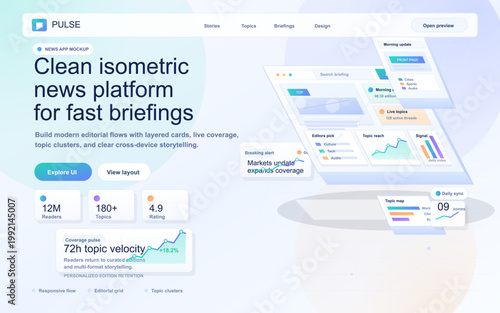 Isometric news platform landing page with editorial dashboard cards, topic charts, and pastel briefing interface elements on white background