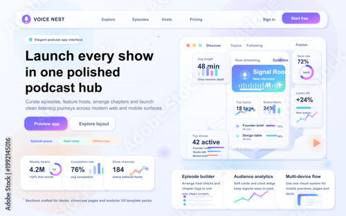 Isometric podcast landing page interface with episode dashboard cards, audio analytics widgets, and pastel mobile streaming UI on white background