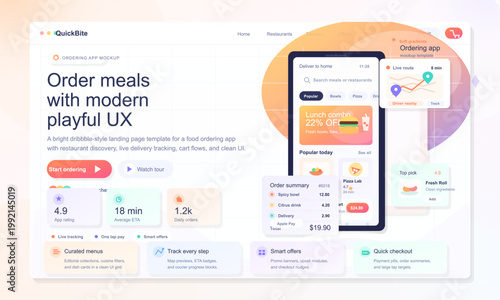 Food delivery landing page UI with smartphone ordering app mockup, menu cards, route tracking and checkout panels in soft pastel gradients.