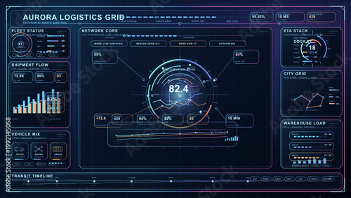 Futuristic logistics dashboard interface with fleet status, shipment flow, ETA metrics, city routing, and warehouse load on dark neon HUD.