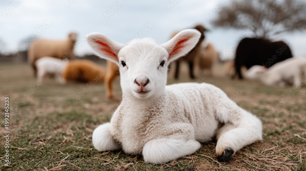 Fototapeta premium A small lamb lies on grass surrounded by trees while other sheep graze nearby on a sunny day with a clear sky