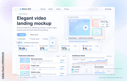 Minimal video streaming landing page dashboard with preview cards, playlist modules, creator metrics, and clean pastel web interface layout