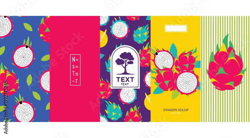Set of dragon fruit patterns and backgrounds, vibrant tropical fruit design for packaging, textile, and stationery