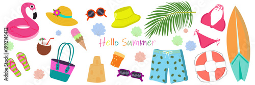 Bright summer composition with flamingo inflatable float, surfboard, bikini, sunglasses, hat, flip flops, coconut drink, beach bag and seashells. Tropical vacation concept perfect for banners, posters