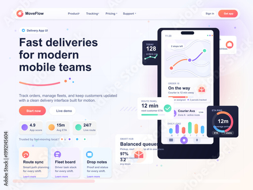 Modern delivery app landing page with smartphone dashboard, route tracking cards, logistics analytics, and clean pastel interface design