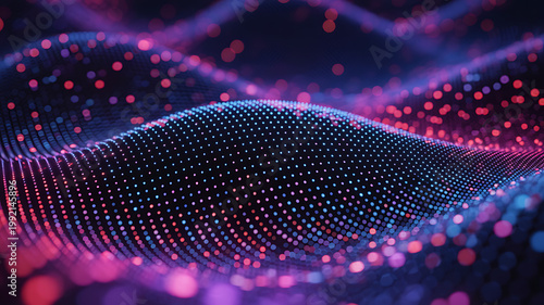 Abstract digital wave pattern with glowing pink and blue dots on dark background