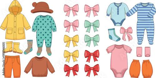 Baby Clothes and Accessories Vector Set with Onesies Pajamas Bows Boots and Cute Kids Apparel Illustration Collection