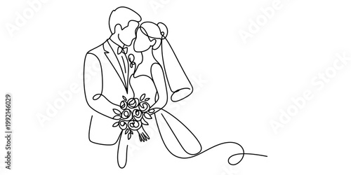 Minimalist continuous line drawing of a bride and groom embracing with a bouquet of roses Vector, illustration