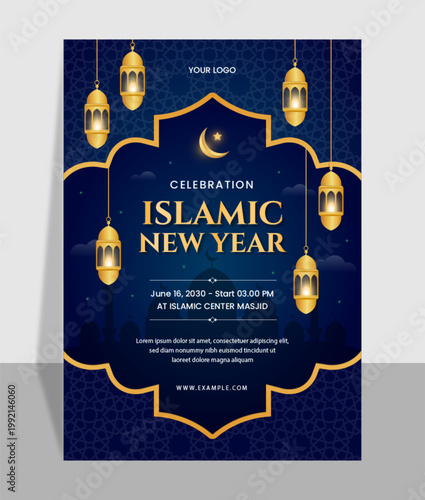 Gradient islamic new year poster template with lanterns