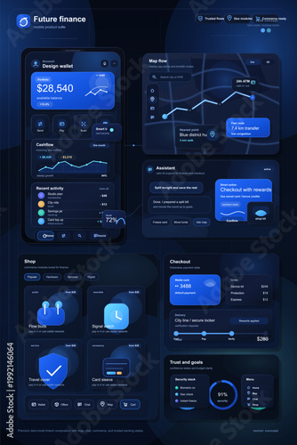 Dark mode fintech mobile suite with wallet dashboard, transfer map, assistant checkout cards, shop modules, and security analytics widgets.