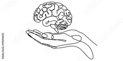Minimalist one line art illustration of a brain floating above an open hand for mental wellness Vector, illustration