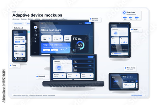 Adaptive device mockup set with desktop monitor, laptop, tablet, and smartphone screens displaying blue glass UI templates on light background