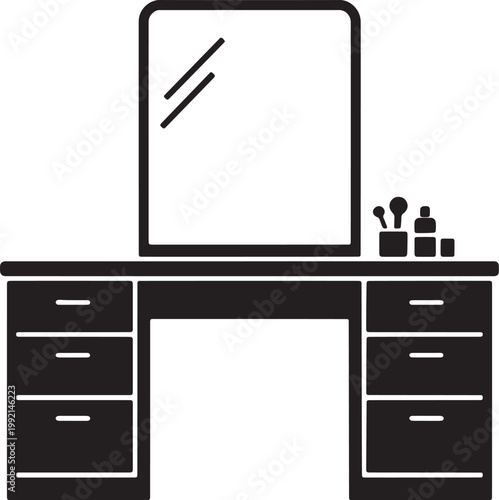 Dressing table with mirror icon, makeup vanity desk furniture, minimal black vector design