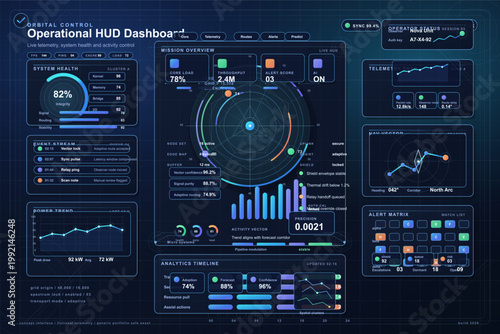Futuristic operational HUD dashboard with telemetry panels, radar display, analytics charts, and neon interface elements on dark blue background