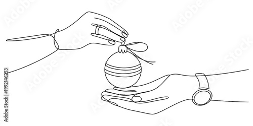 Minimalist continuous line art drawing of two hands holding a festive christmas ornament Vector, illustration