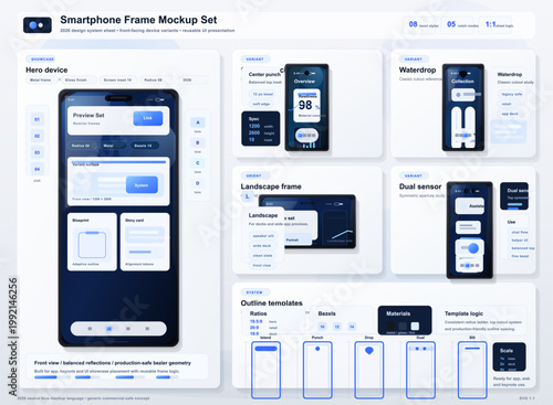 Smartphone frame mockup set with multiple front-facing device variants, notch examples, outline templates, and clean blue interface panels.
