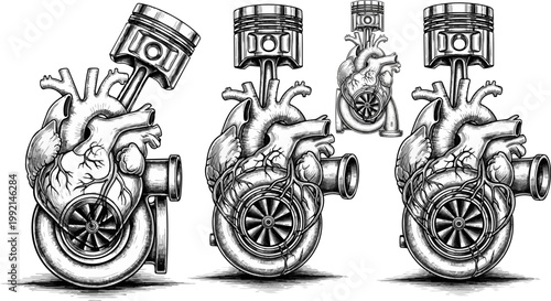 Mechanical Hearts, Turbocharged, Engine, Industrial, Vector Icons