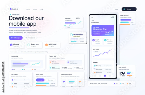 Modern mobile app download landing page with smartphone mockup, bento layout cards, pastel gradients, and clean interface design elements