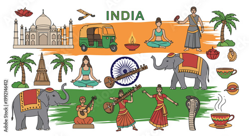 Extensive collection of Indian cultural symbols including the Taj Mahal elephants yoga poses and traditional dancers.