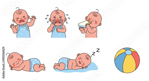 Series of baby illustrations depicting different emotions and daily routines like crying sleeping and playing with a ball.