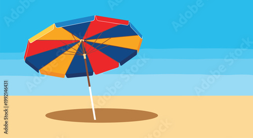 Large colorful beach umbrella providing shade on a sandy shore under a clear blue sky by the calm ocean waves at daytime.