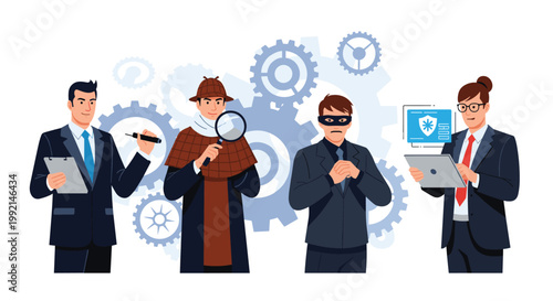 Group of professional characters including a detective hacker and businessman standing before large mechanical gear symbols.