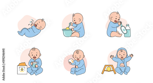 Sequence of illustrations showing an infant engaged in various daily activities like eating playing and taking a bath.
