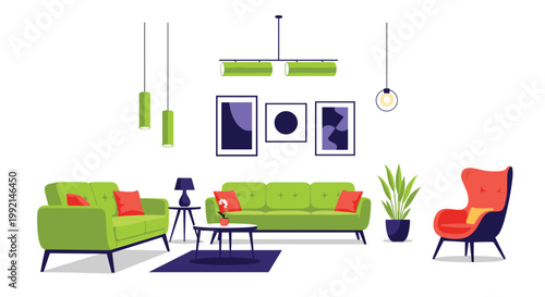 Contemporary living room interior scene with green upholstered sofas colorful pillows and modern hanging light fixtures.