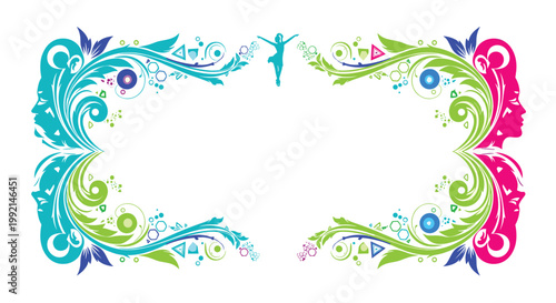 Elegant decorative border frame featuring abstract floral swirls human face silhouettes and a dancing figure in the center.