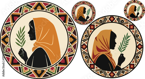 African woman silhouette, tribal plate designs, colorful decorative elements, vector icons