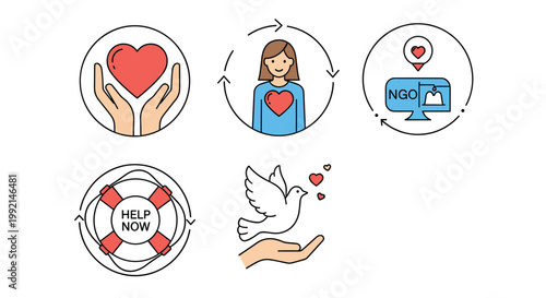 Collection of non governmental organization and charity line icons representing love, support, community, and peace for social welfare.