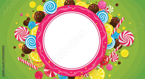 Vibrant round border frame made of various lollipops hard candies and chocolate truffles on a light green background.