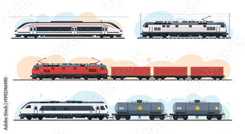 Collection of different railway trains including a modern high speed passenger locomotive and cargo freight carriages.