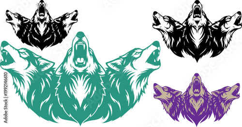 Wolf head logos, animal icons, vector graphics, pack of 4