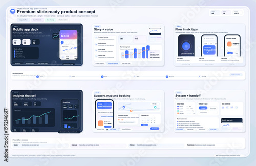 Mobile app presentation overview sheet with six storyboard slides, product interface mockups, analytics panels, and clean pastel layout design