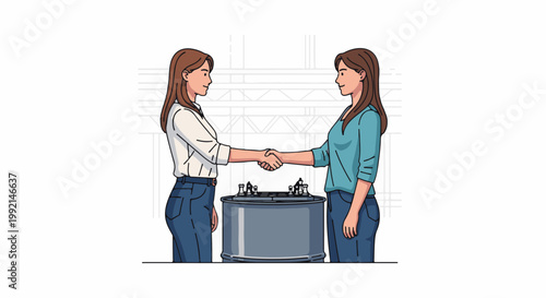 Two women shake hands over a barrel
