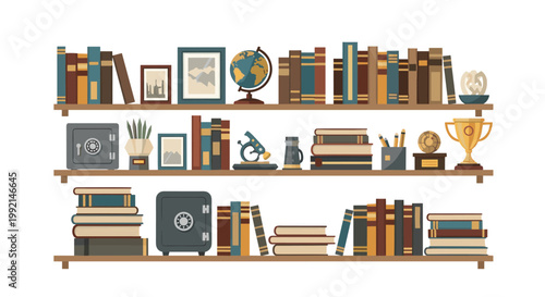 Organized wooden bookshelves filled with books, decorative objects, a globe, and scientific equipment for a home library.