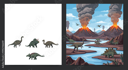Prehistoric landscape featuring active volcanoes and various dinosaur species such as triceratops and stegosaurus by a river.