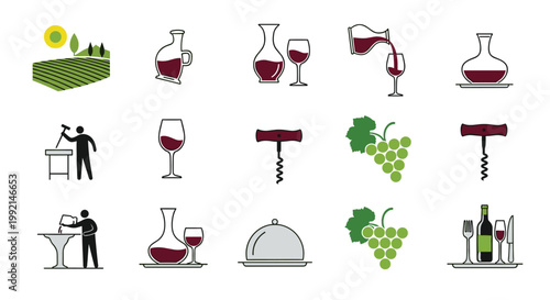 Elegant collection of wine and viticulture icons including vineyard landscapes, wine bottles, glasses, and fresh grapes.