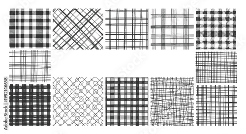 Collection of various hand-drawn plaid and grid patterns in black and grey tones for textile and background design.
