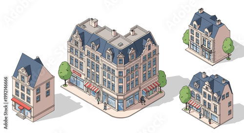 Set of isometric European style town house buildings with shops and residential floors for urban landscape modeling.